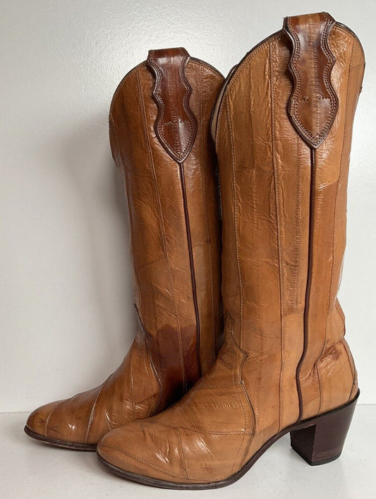 Vintage Justin Full Eel, Carmel Colored Cowgirl Boots 7.5 C USA Made Exotic