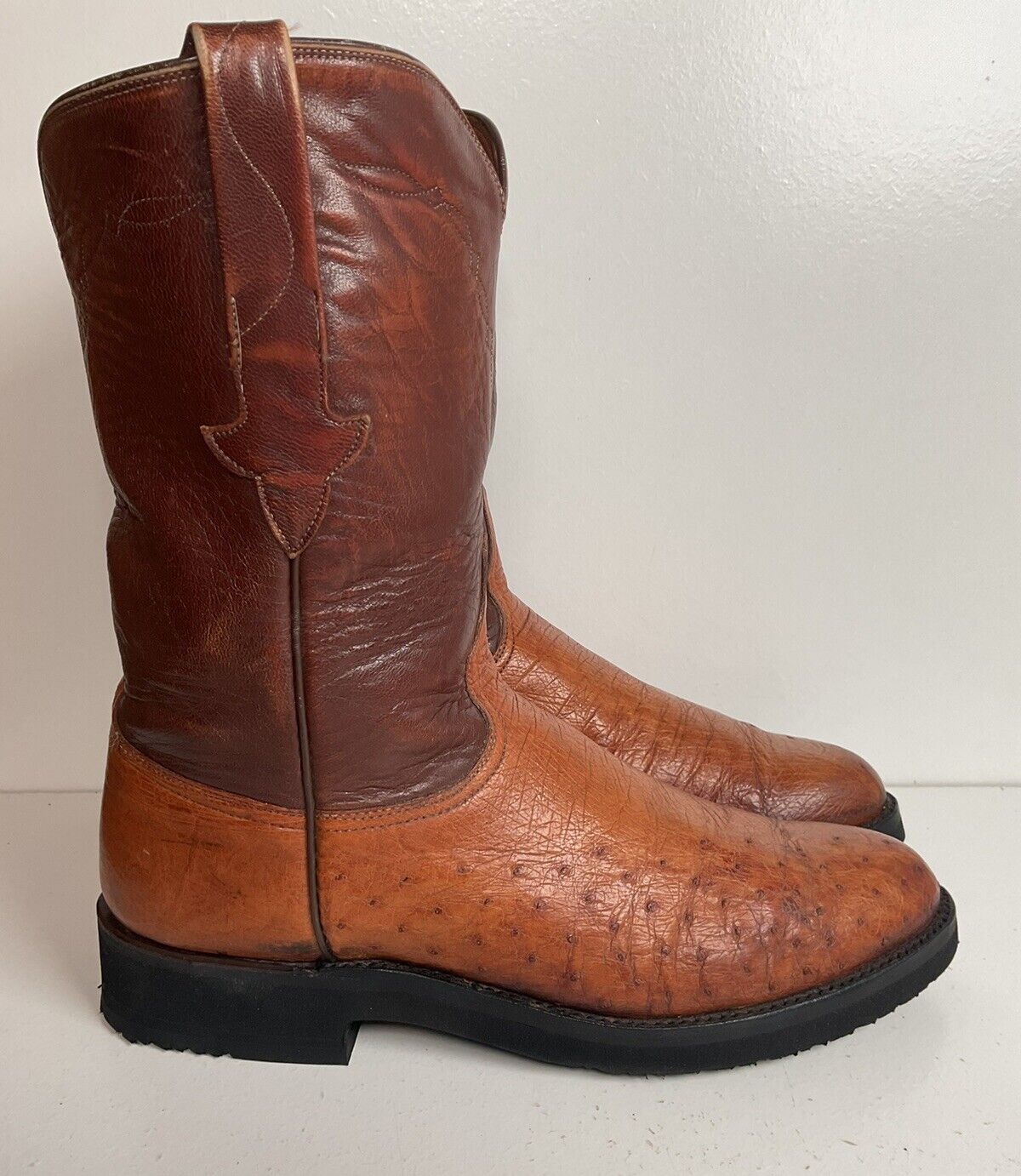 Vintage Lucchese Smooth Ostrich Roper Boots 9 D New Crepe Soles Exotic