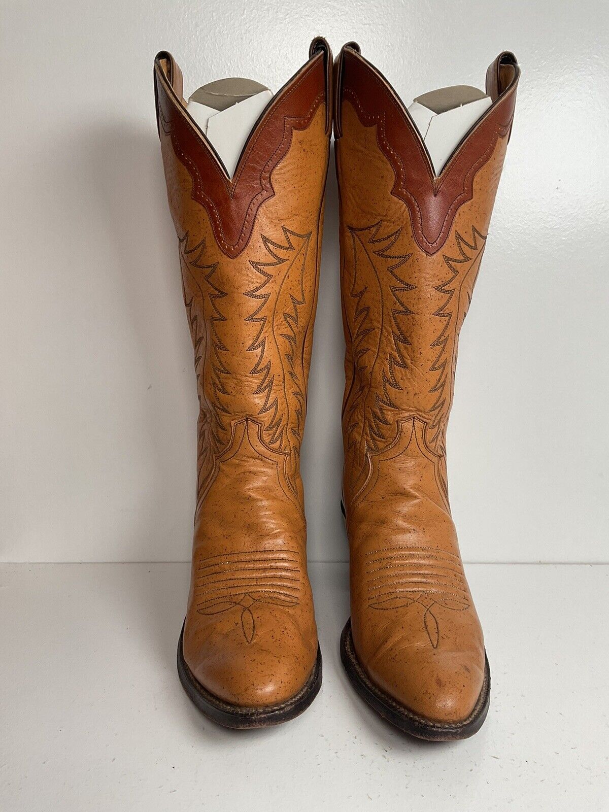 Vintage Justin Tall Cowgirl Boots 8 A Stitched Leaf Tooled Overlay