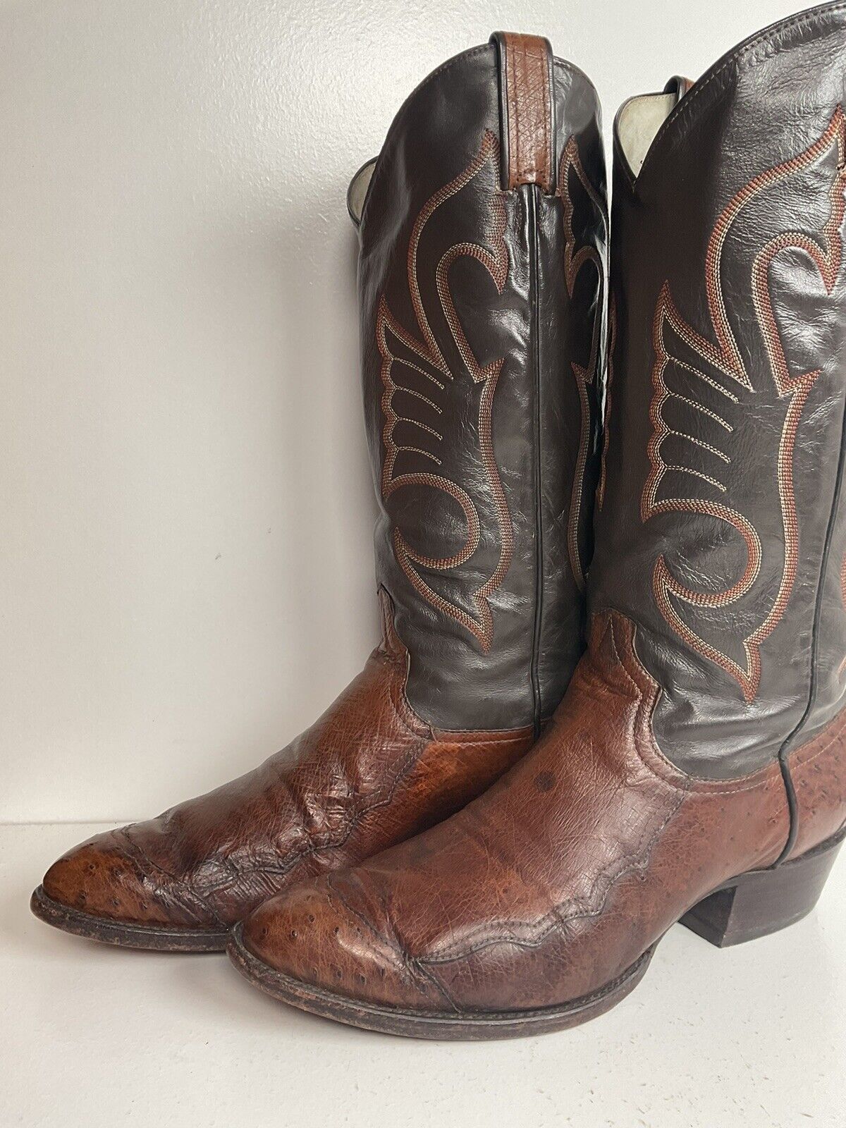 Vintage Larry Mahan Exotic Ostrich Wingtip Cowboy Boots 10.5 D Smooth Pin Quill