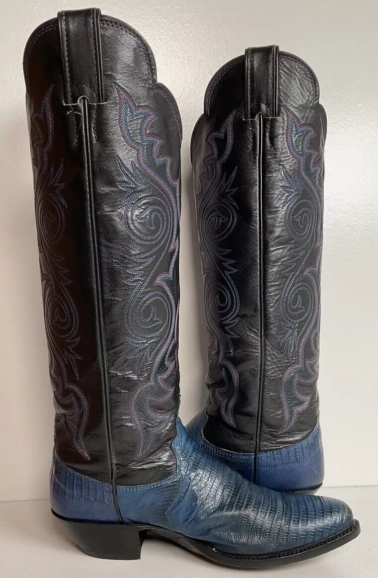 Vintage Justin Tall Blue Lizard Cowgirl Boots 6.5 B USA Made New Half Soles