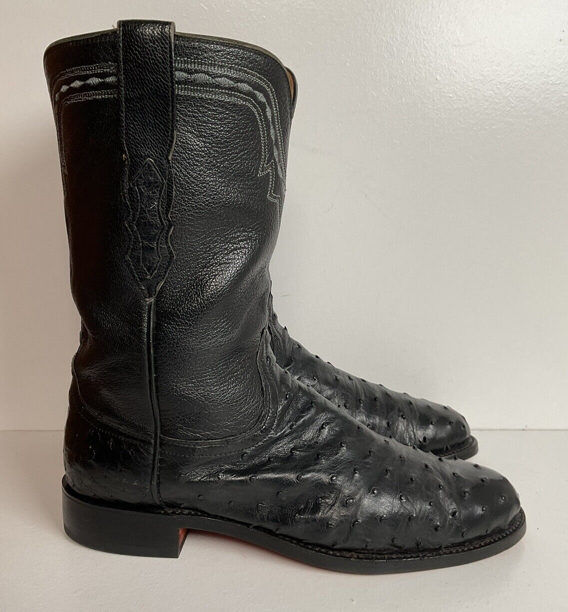 Lucchese 2000 Black Ostrich Quill Roper Boots 9 D Exotic Resoled