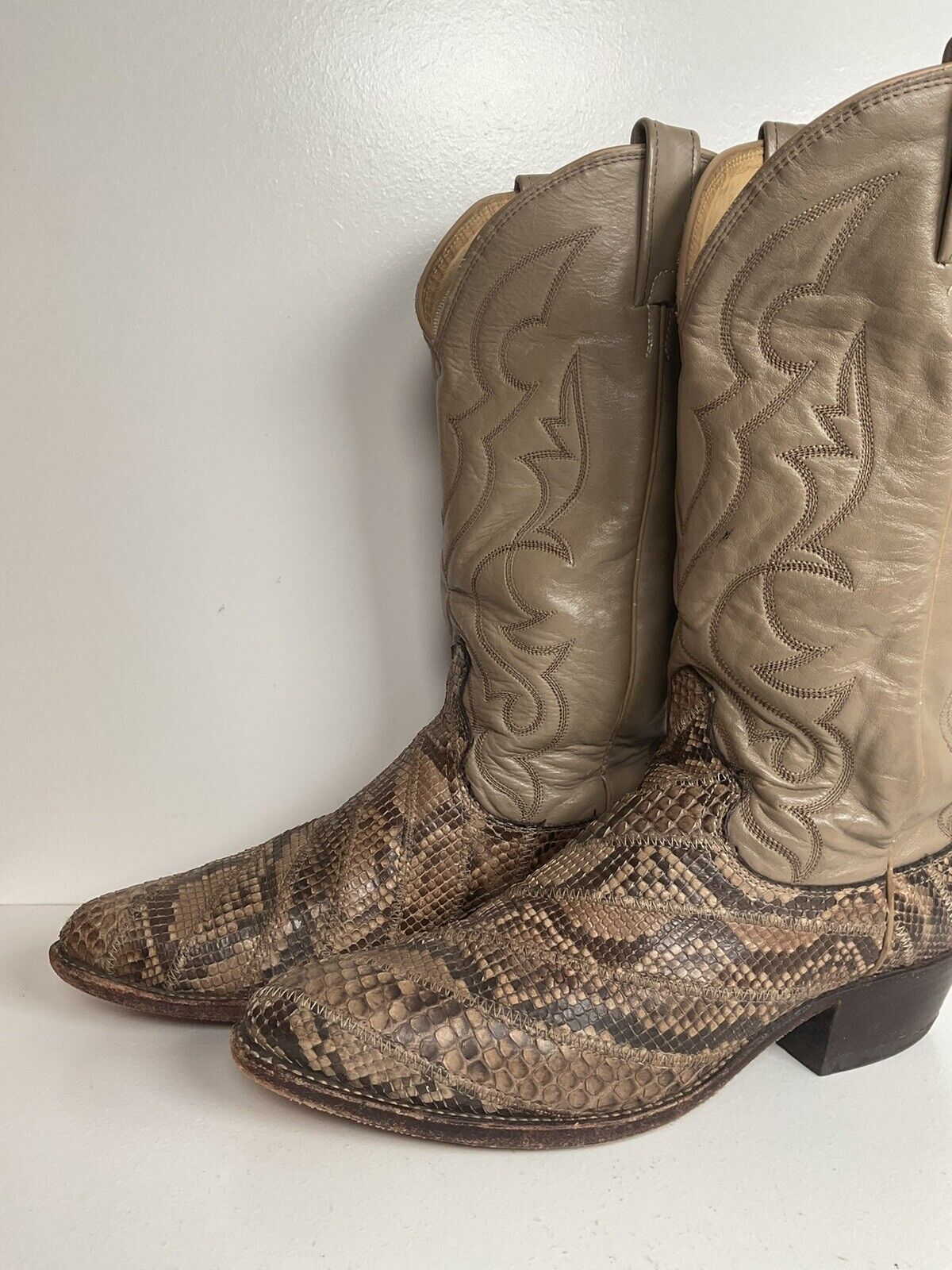 Vintage Dan Post Front Cut Python Snakeskin Cowboy Boots 10 D Patchwork USA Made