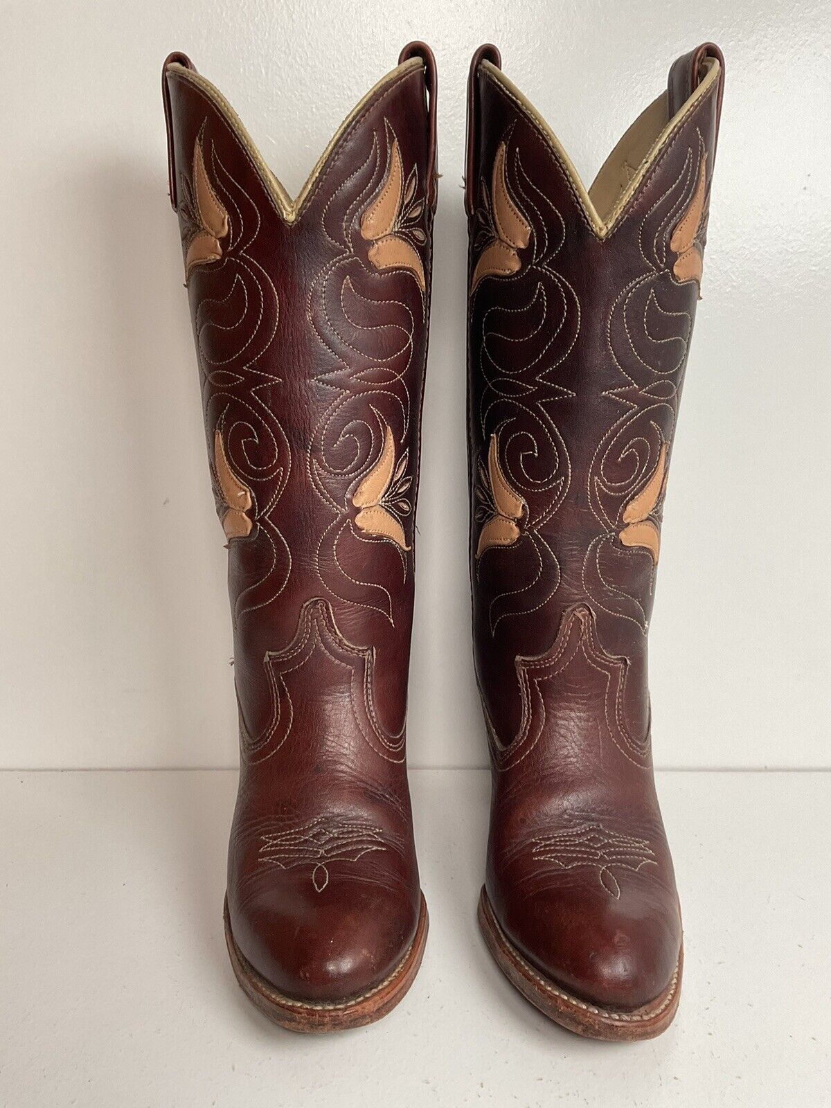 Vintage Dingo Acme 14” Brown Floral Cowgirl Boots 6 M Tooled Tulip Overlay