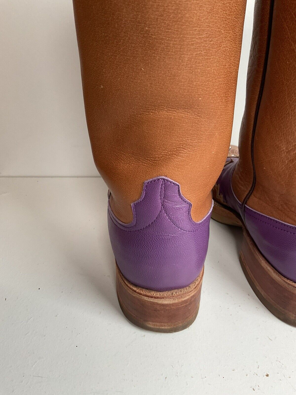 Custom purple Anderson Bean cowgirl boots, size 7 B, featuring a crepe sole and a beautifully tooled wingtip overlay.