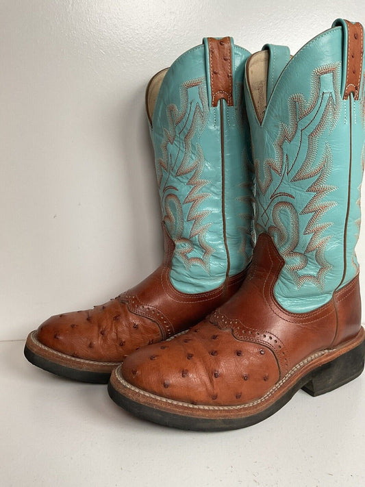 Boulet Exotic Ostrich Quill Cowgirl Roper Boots 7 C Crepe Turquoise