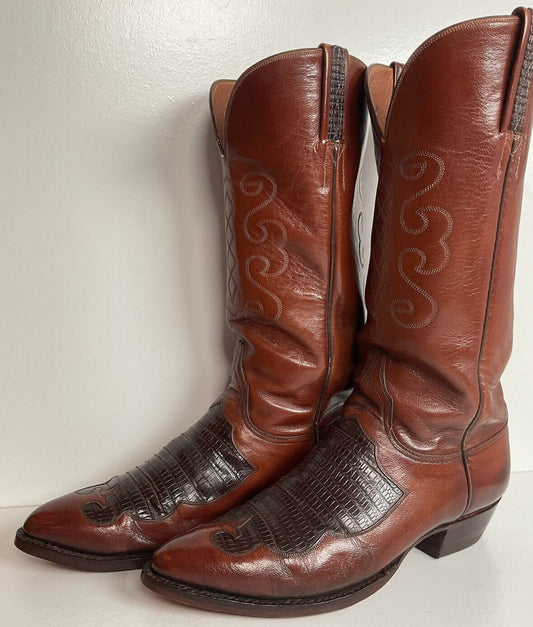 Vintage Lucchese Lizard Inlay Cowboy Boots 8.5 D USA Made New Soles