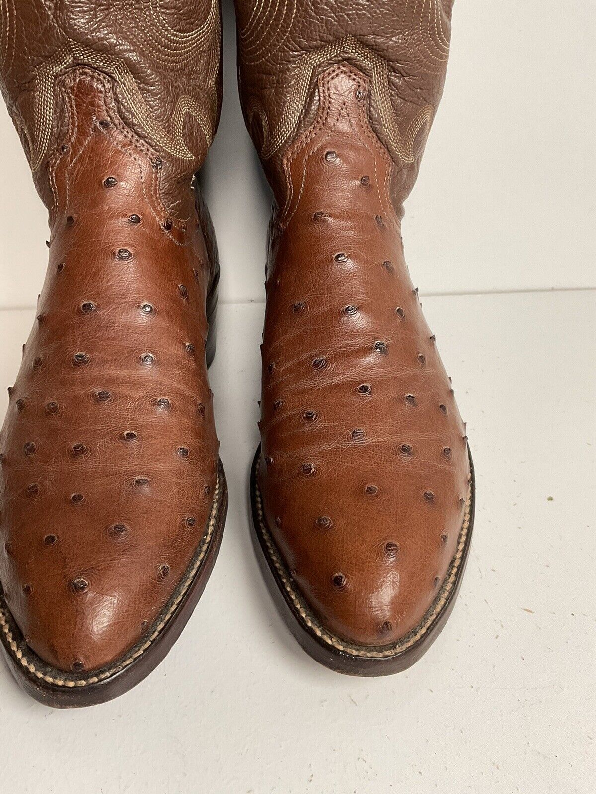 Vintage J Chisholm Exotic Full Quill Ostrich Cowboy Boots 8 D Brown USA Made