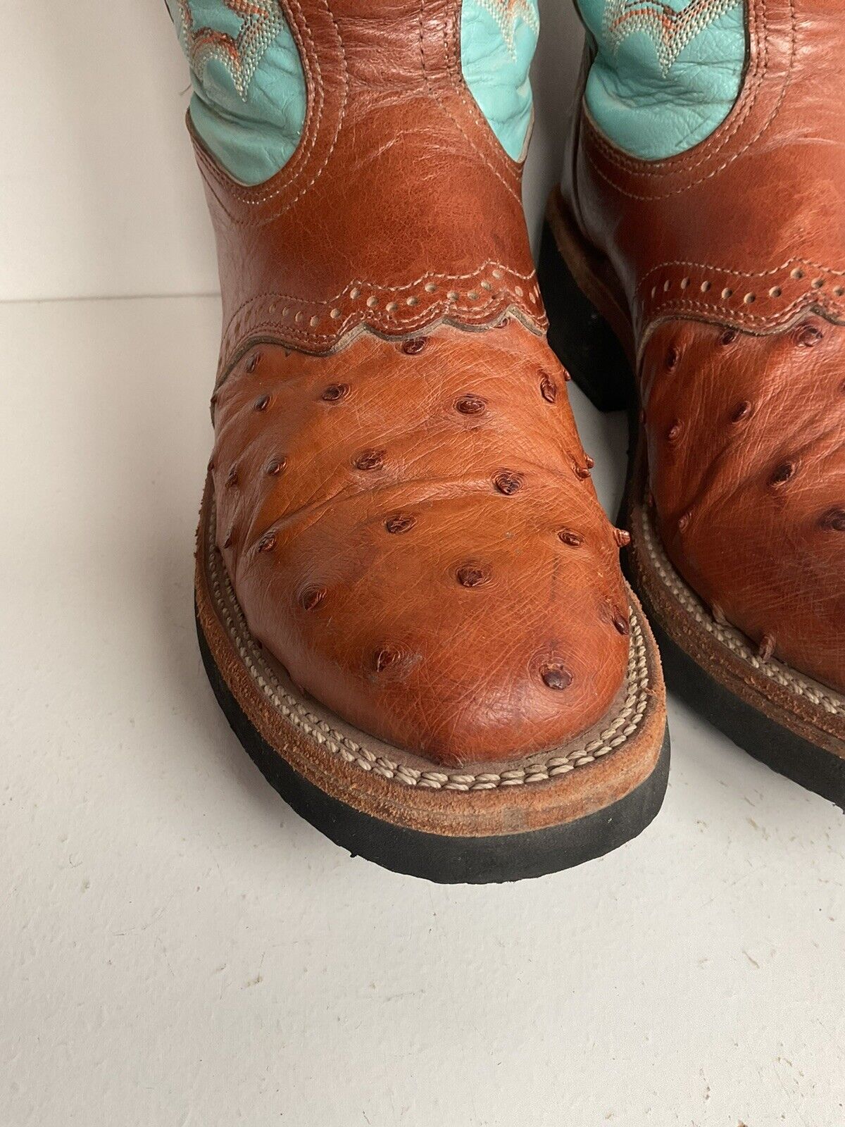 Boulet Exotic Ostrich Quill Cowgirl Roper Boots 7 C Crepe Turquoise