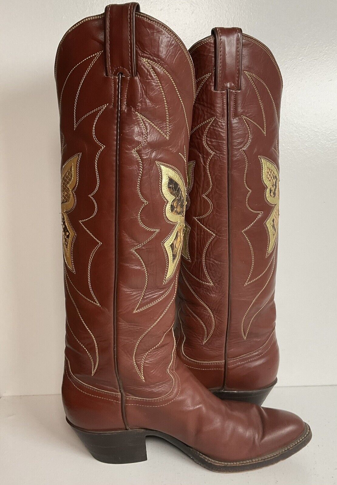 Vintage Justin Tall Butterfly Inlay Cowgirl Boots 6.5 C Snakeskin 70s