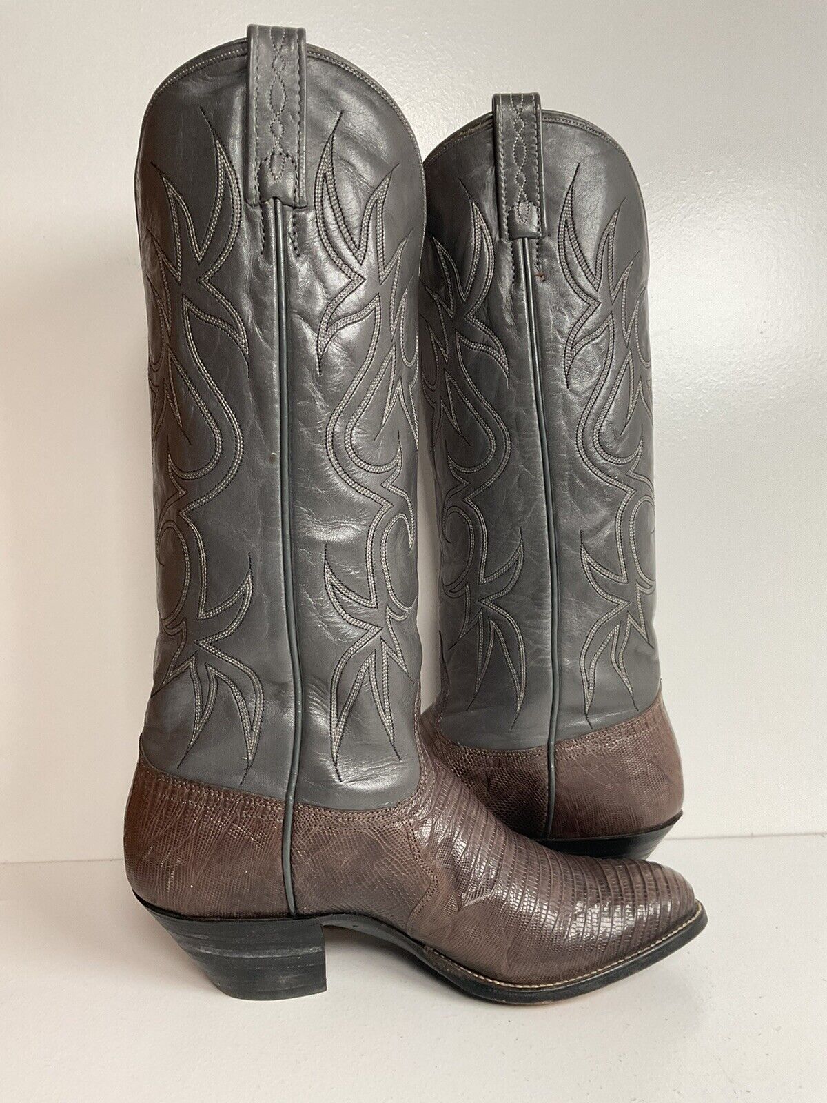 Vintage J Chisholm Grey Tall Cowgirl Boots 8 M Lizard Vamp USA Made