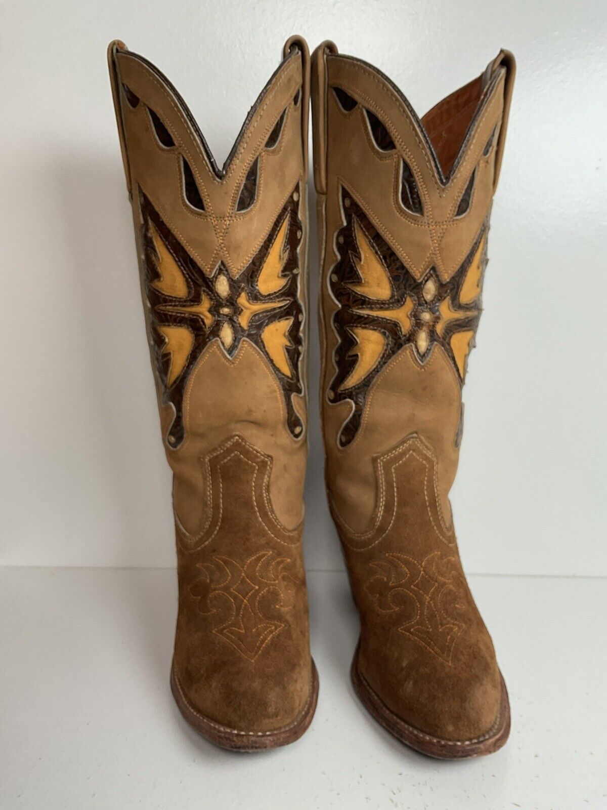 Vintage Miss Capezio Butterfly Boots 7.5 M Tooled Inlay Brown Nubuck Suede