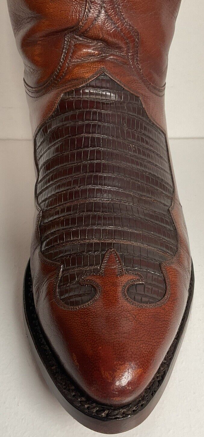 Vintage Lucchese Lizard Inlay Cowboy Boots 8.5 D USA Made New Soles