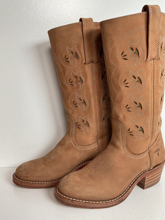 Frye Austin Cowgirl Boots 6 M Tooled Flower Inlay USA Made