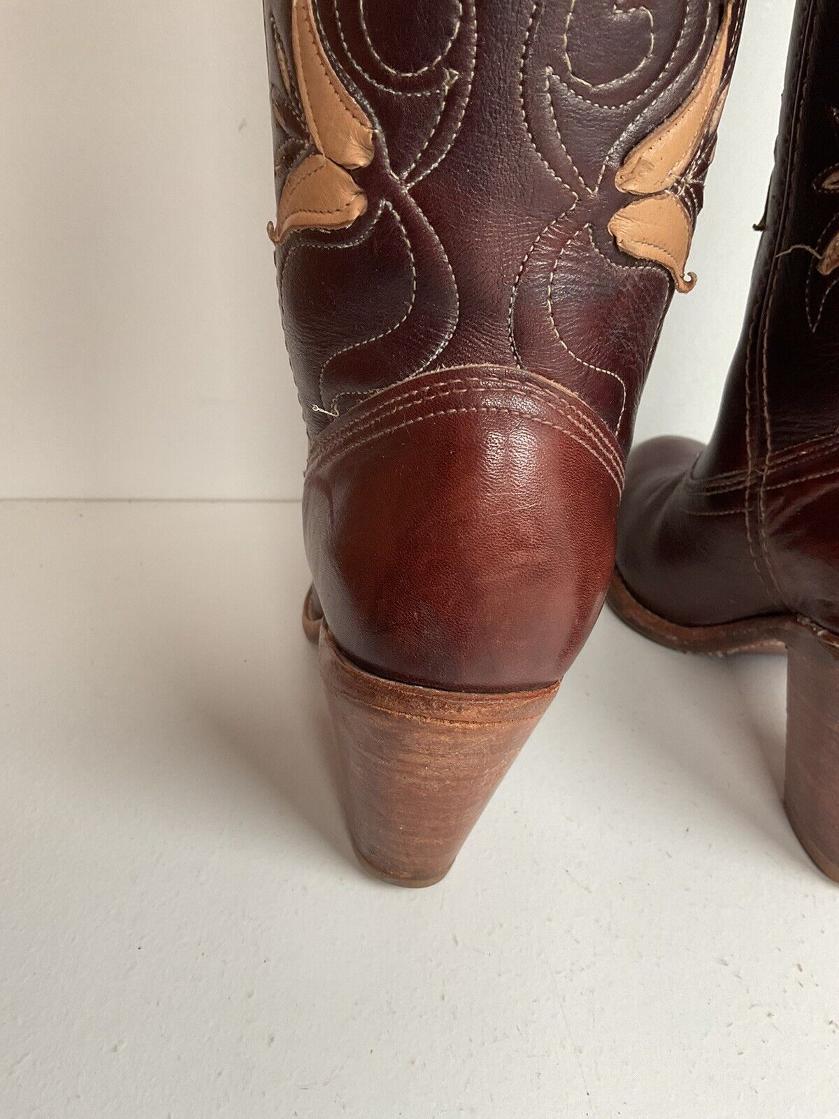 Vintage Dingo Acme 14” Brown Floral Cowgirl Boots 6 M Tooled Tulip Overlay