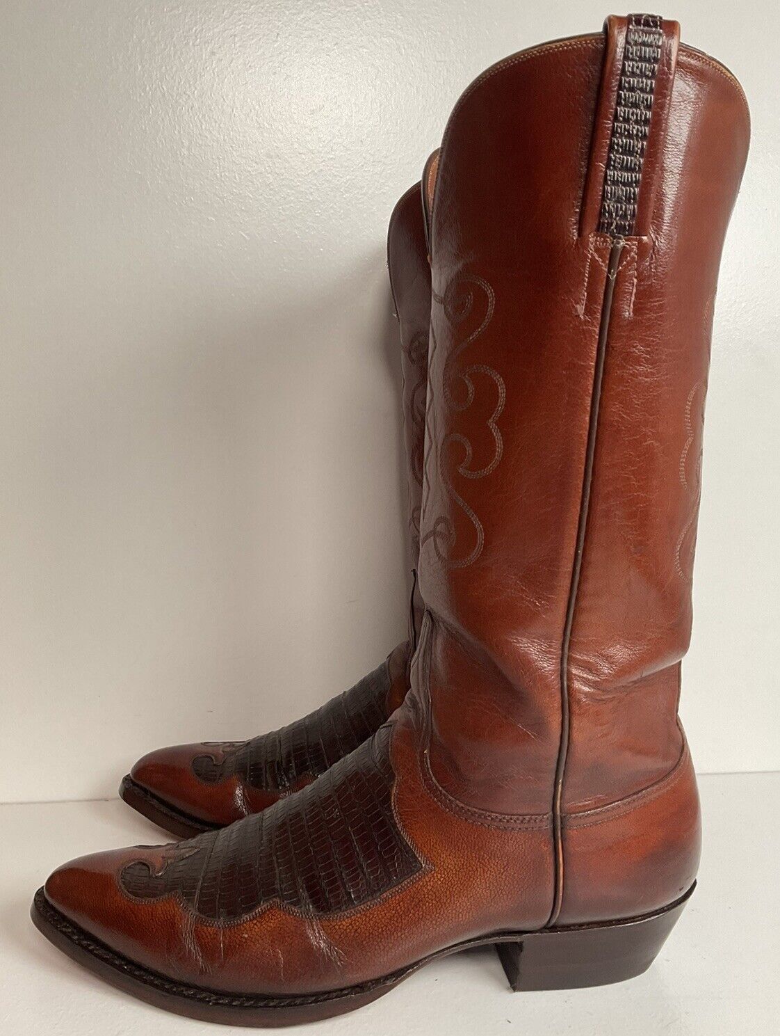 Vintage Lucchese Lizard Inlay Cowboy Boots 8.5 D USA Made New Soles