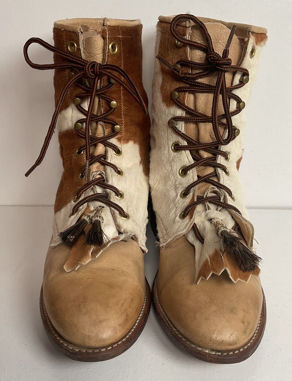 Vintage Larry Mahan Women’s Pony Hair On Cowhide Kiltie Packer Boots 8.5 M