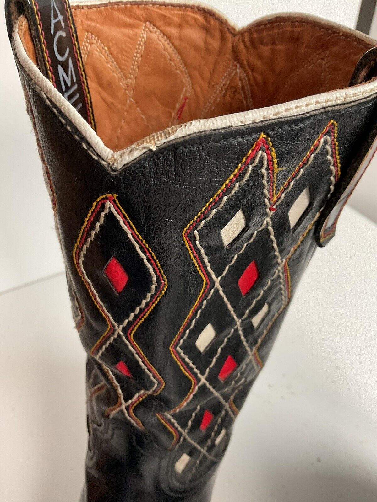 Vintage ACME Tooled Diamond Inlay Leather Cowboy Boots 8 D Old Label 1950s 1960s