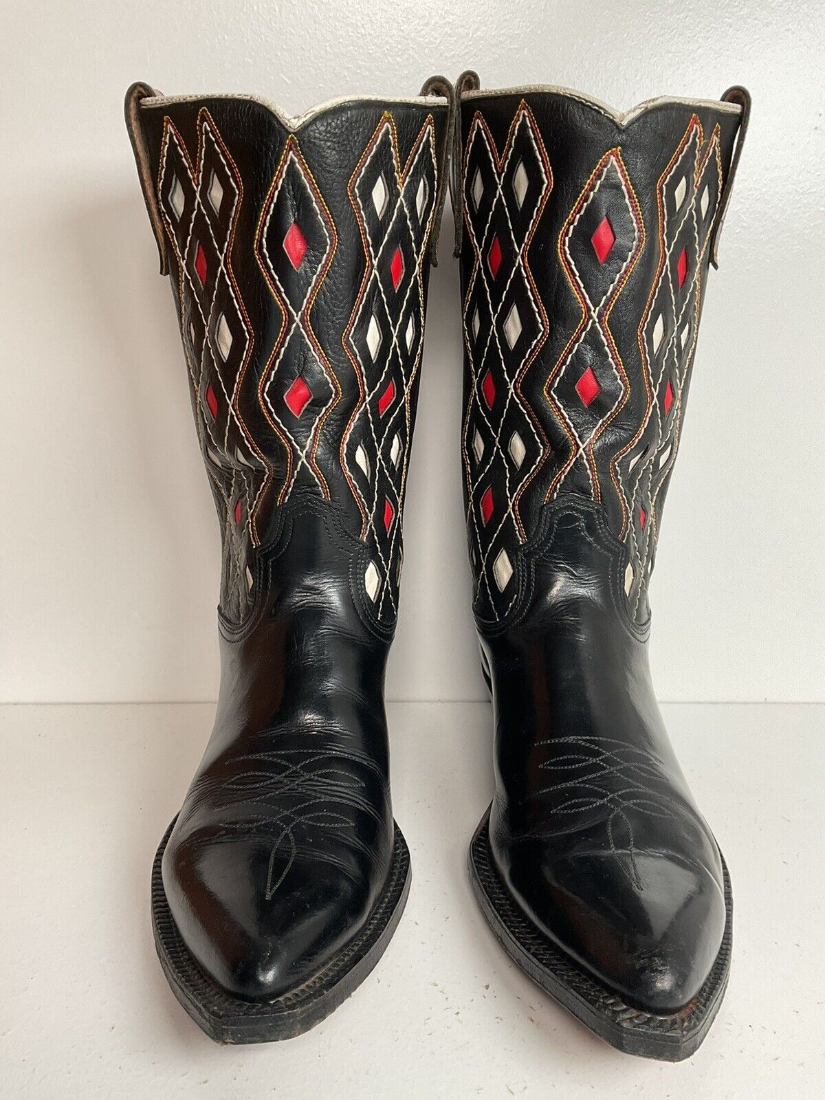 Vintage ACME Tooled Diamond Inlay Leather Cowboy Boots 8 D Old Label 1950s 1960s