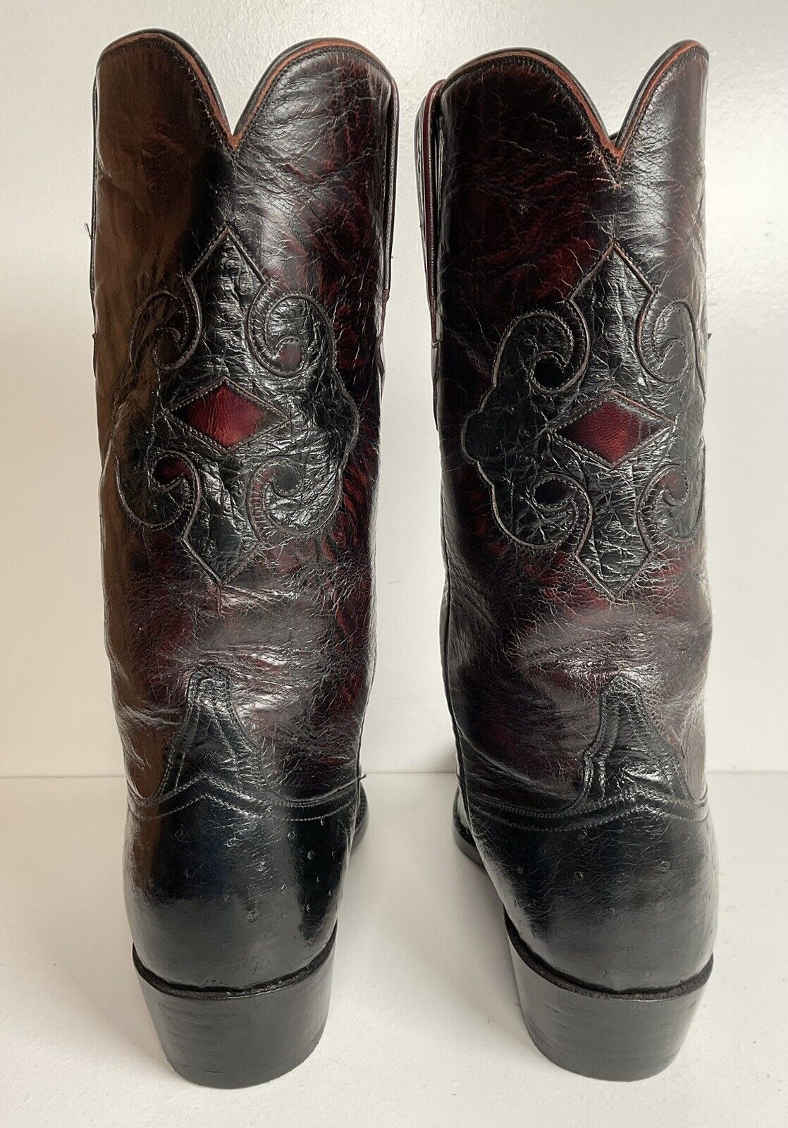 Vintage Lucchese Black Cherry Ostrich Quill Cowboy Boots 10 B Inlay New Soles