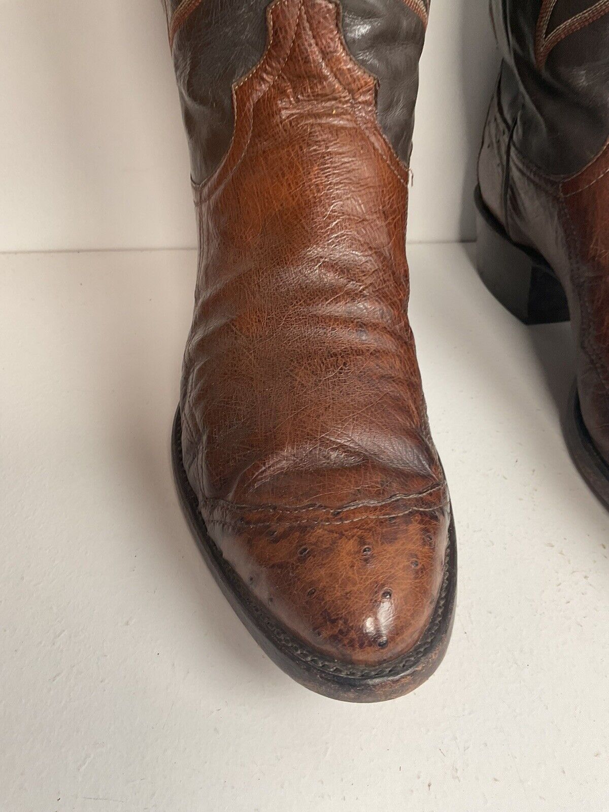 Vintage Larry Mahan Exotic Ostrich Wingtip Cowboy Boots 10.5 D Smooth Pin Quill