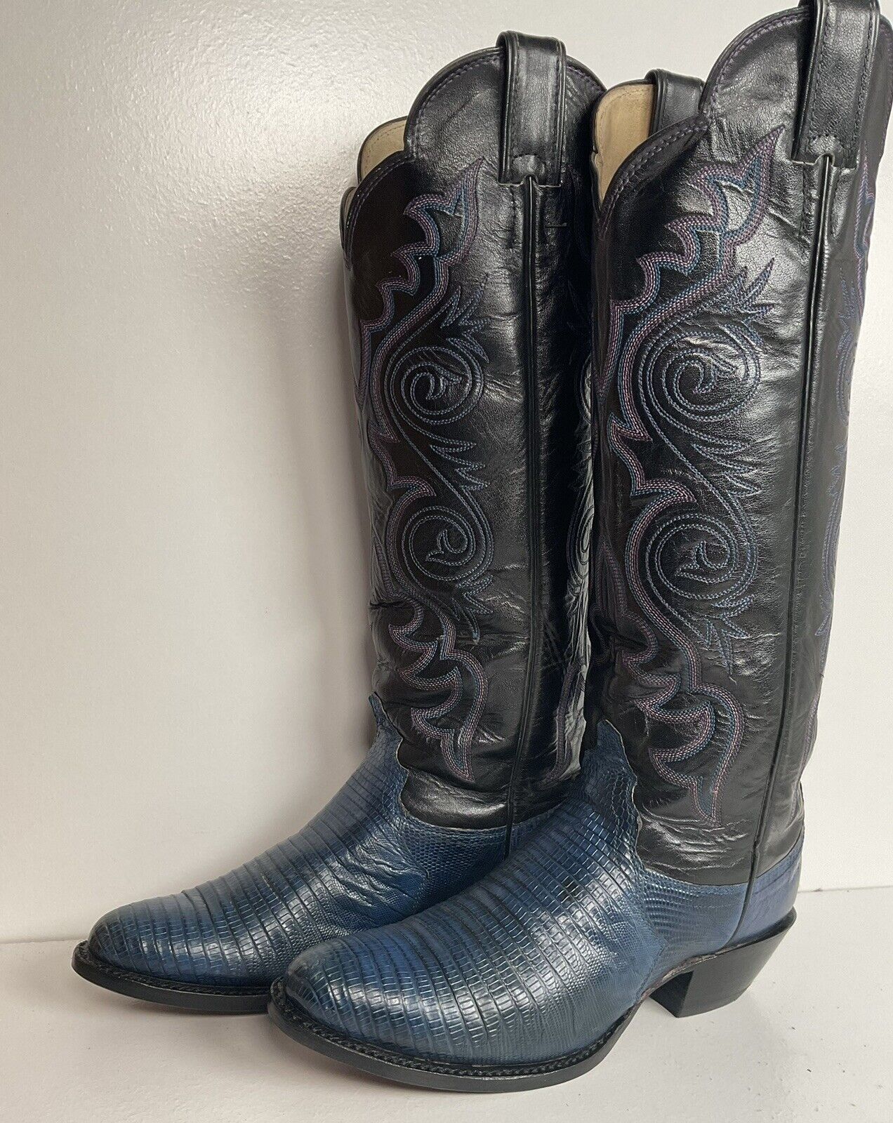 Vintage Justin Tall Blue Lizard Cowgirl Boots 6.5 B USA Made New Half Soles