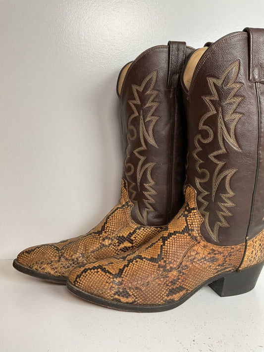 Vintage Dan Post Python Snakeskin Cowboy Boots 10 D Old Label Front Cut