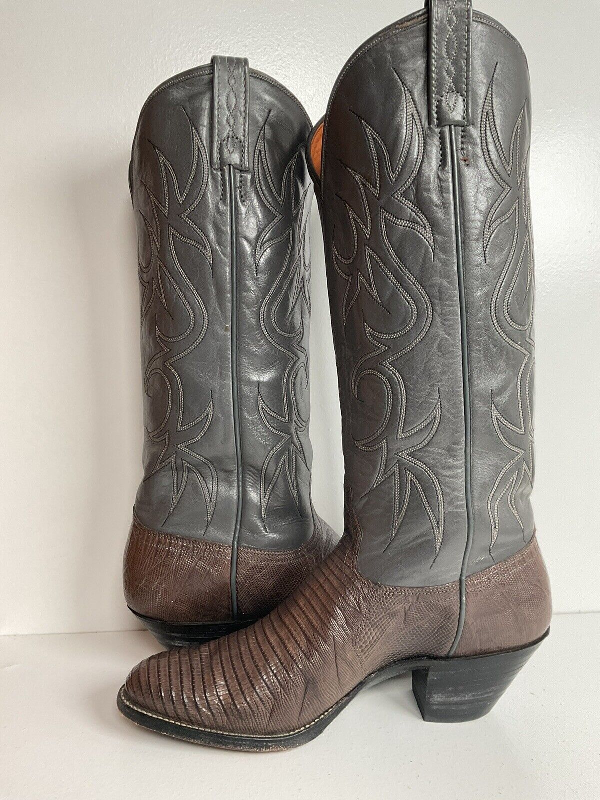 Vintage J Chisholm Grey Tall Cowgirl Boots 8 M Lizard Vamp USA Made