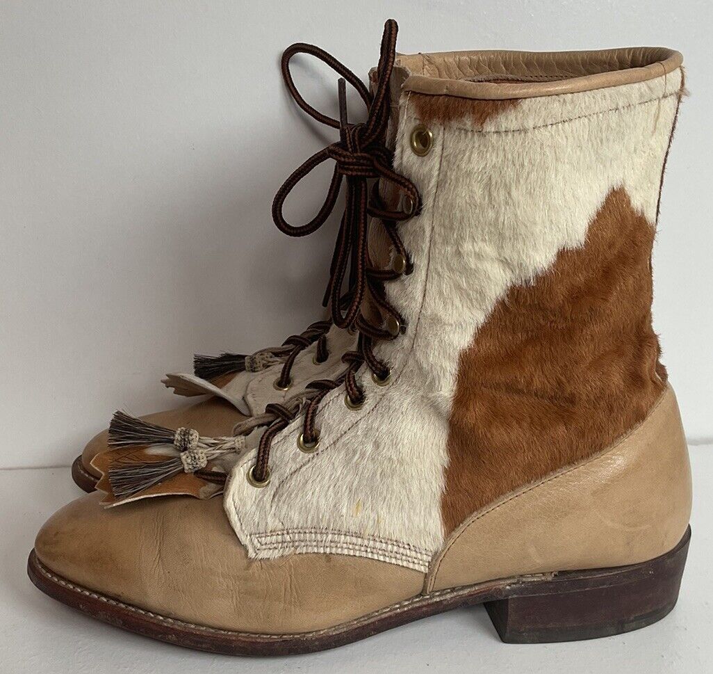 Vintage Larry Mahan Women’s Pony Hair On Cowhide Kiltie Packer Boots 8.5 M