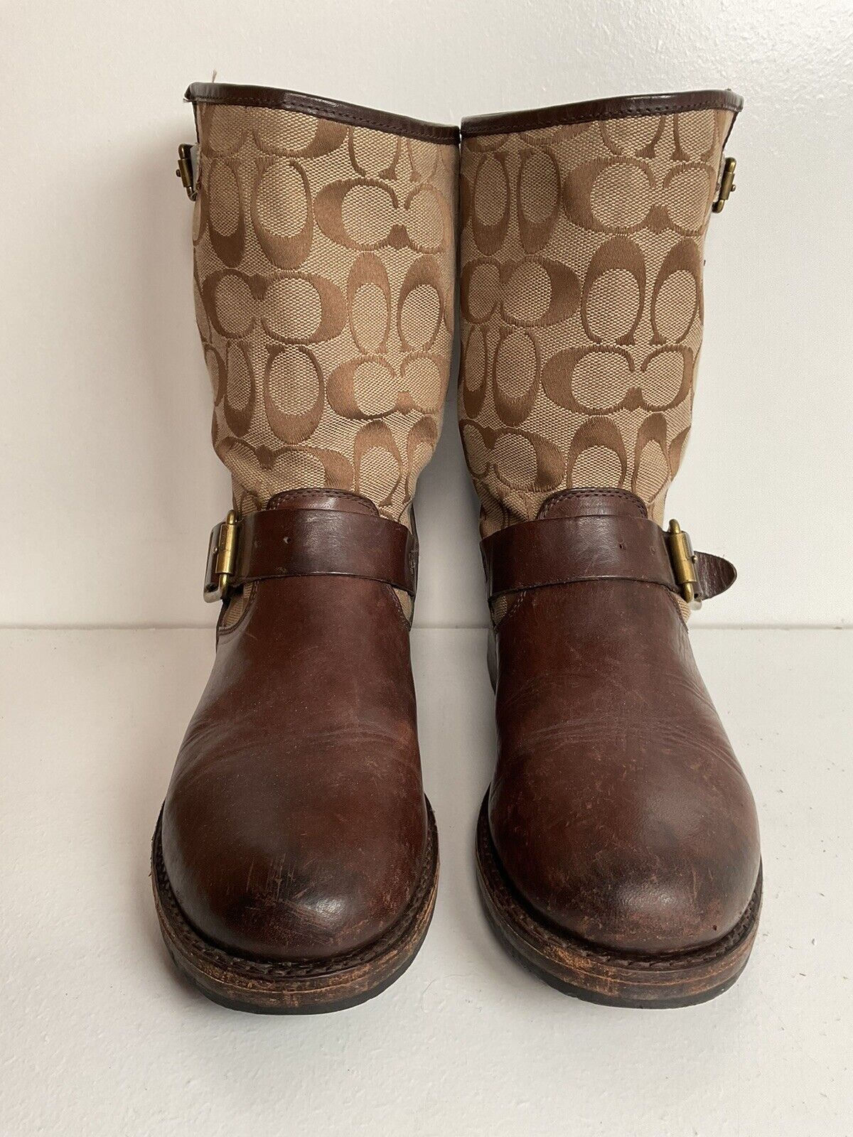 Frye for Coach Veronica Monogram Engineer Boots 8 B Canvas Harness