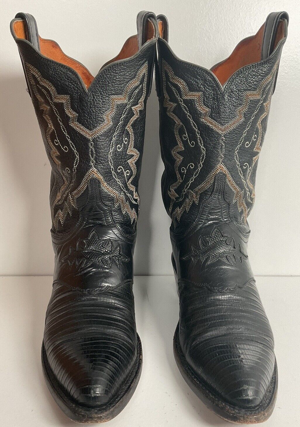 Lucchese 1883 Black Leather Cowgirl Boots 10 B Tooled Lizard Inlay