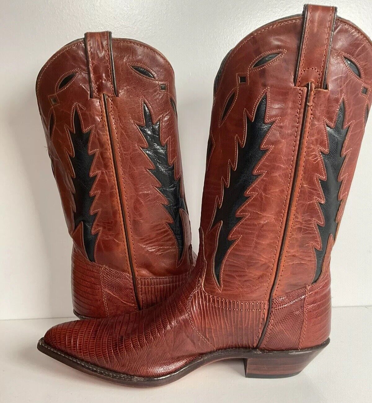 Vintage Code West For Dan Post Inlay Cowgirl Boots 9 M Lizard Vamp USA Made