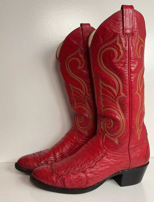 Vintage Larry Mahan Cherry Red Pin Quill Ostrich Cowboy Boots 10.5 D New Half Soles