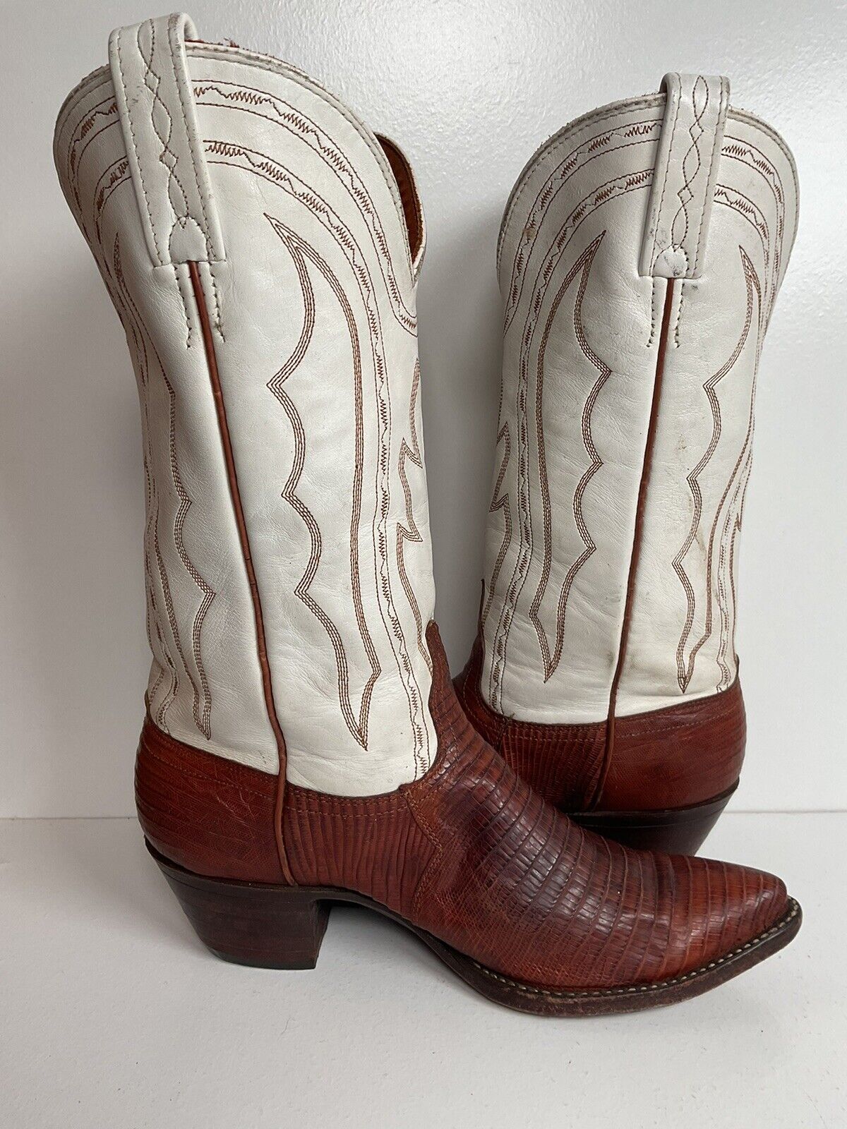 Vintage J Chisholm White Cowgirl Boots 7.5 M Teju Lizard