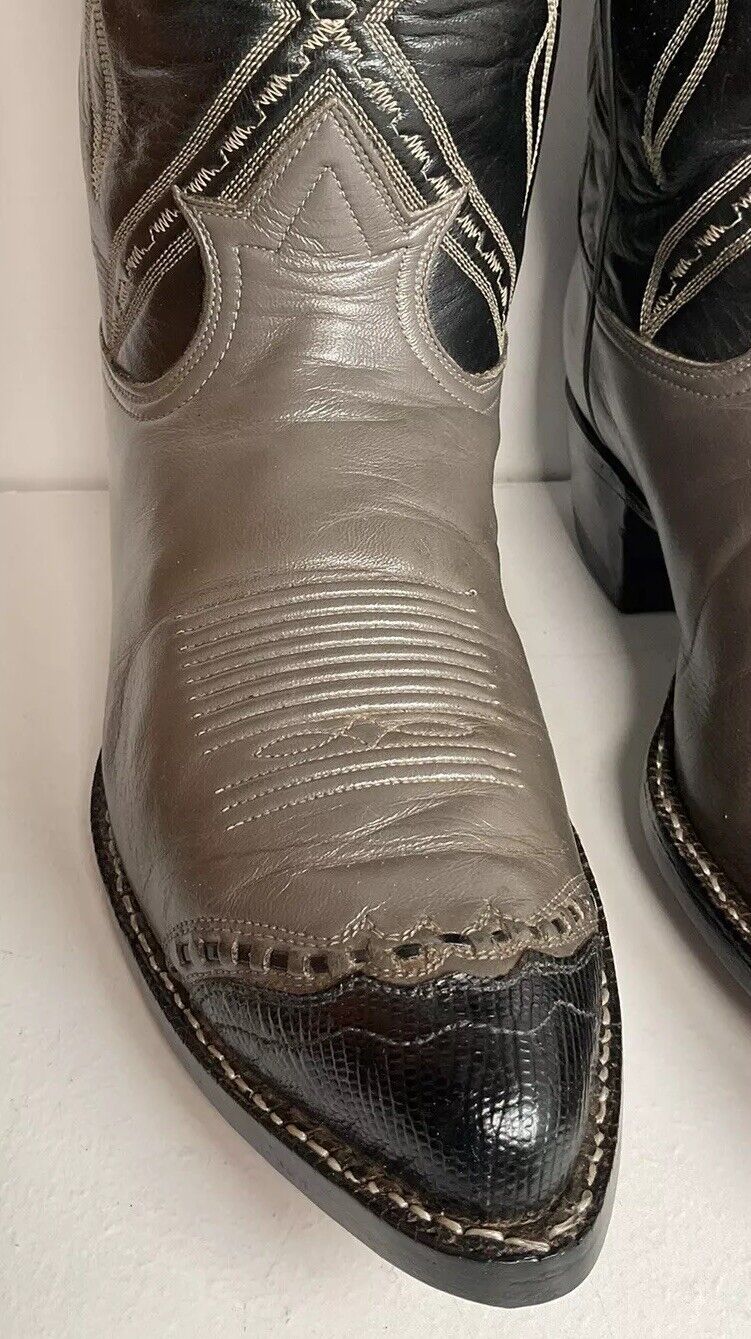 Vintage Tony Lama Grey Lizard Wingtip Cowboy Boots 9 D Gold Label New Half Soles