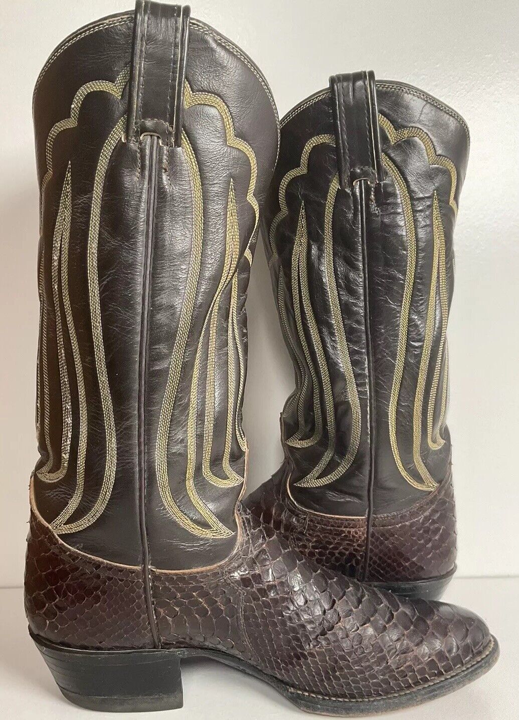 Vintage Tony Lama Back Cut Python Cowboy Boots 8.5 D Dark Brown Snakeskin