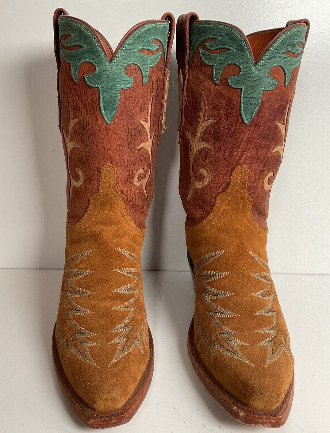 Lucchese 1883 Rough Out Suede Cowgirl Boots 6.5 B USA Tooled Inlay, Overlay