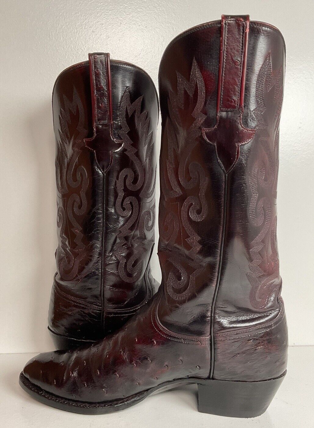 Vintage Lucchese Black Cherry Ostrich Quill Cowboy Boots 9 EE Exotic New Soles