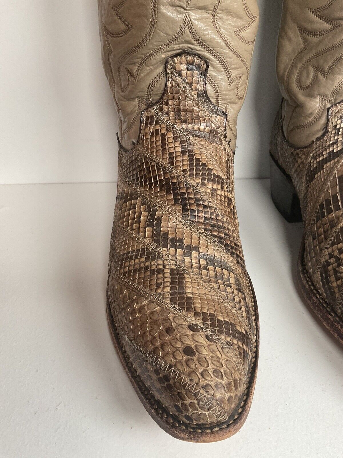 Vintage Dan Post Front Cut Python Snakeskin Cowboy Boots 10 D Patchwork USA Made