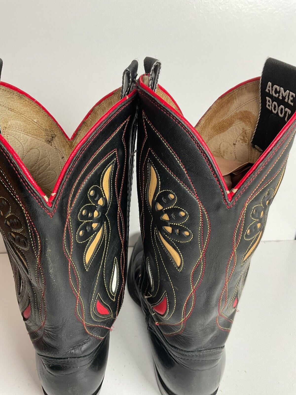 Vintage Acme Shorty Cowgirl Boots 7 M Tooled Flower Inlay