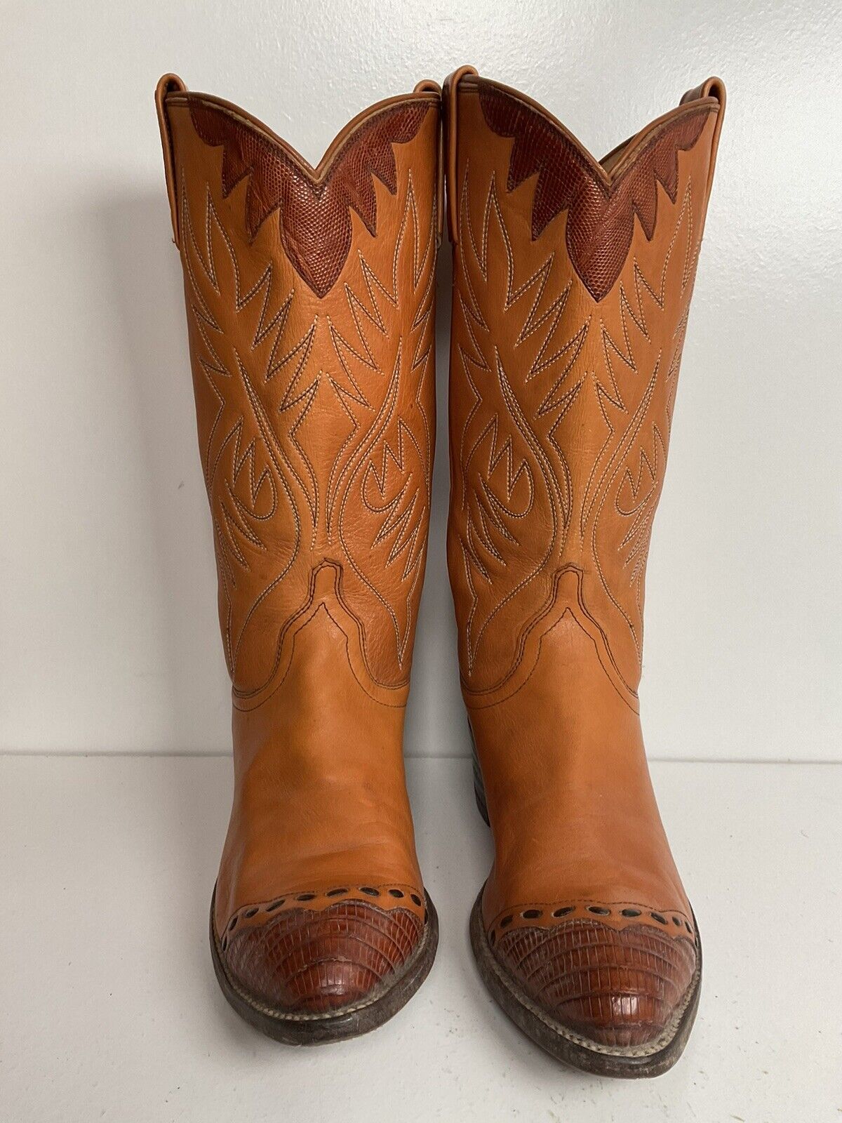 Vintage Dan Post Lizard Wingtip Cowgirl Boots 6.5 C Tooled Overlay