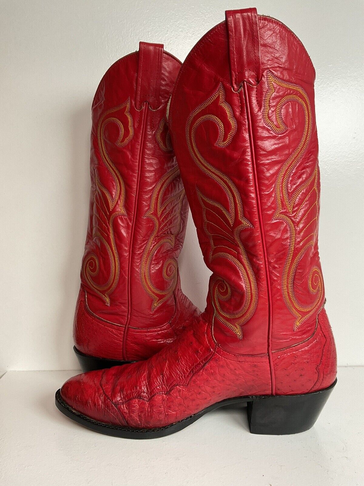 Vintage Larry Mahan Cherry Red Pin Quill Ostrich Cowboy Boots 10.5 D New Half Soles