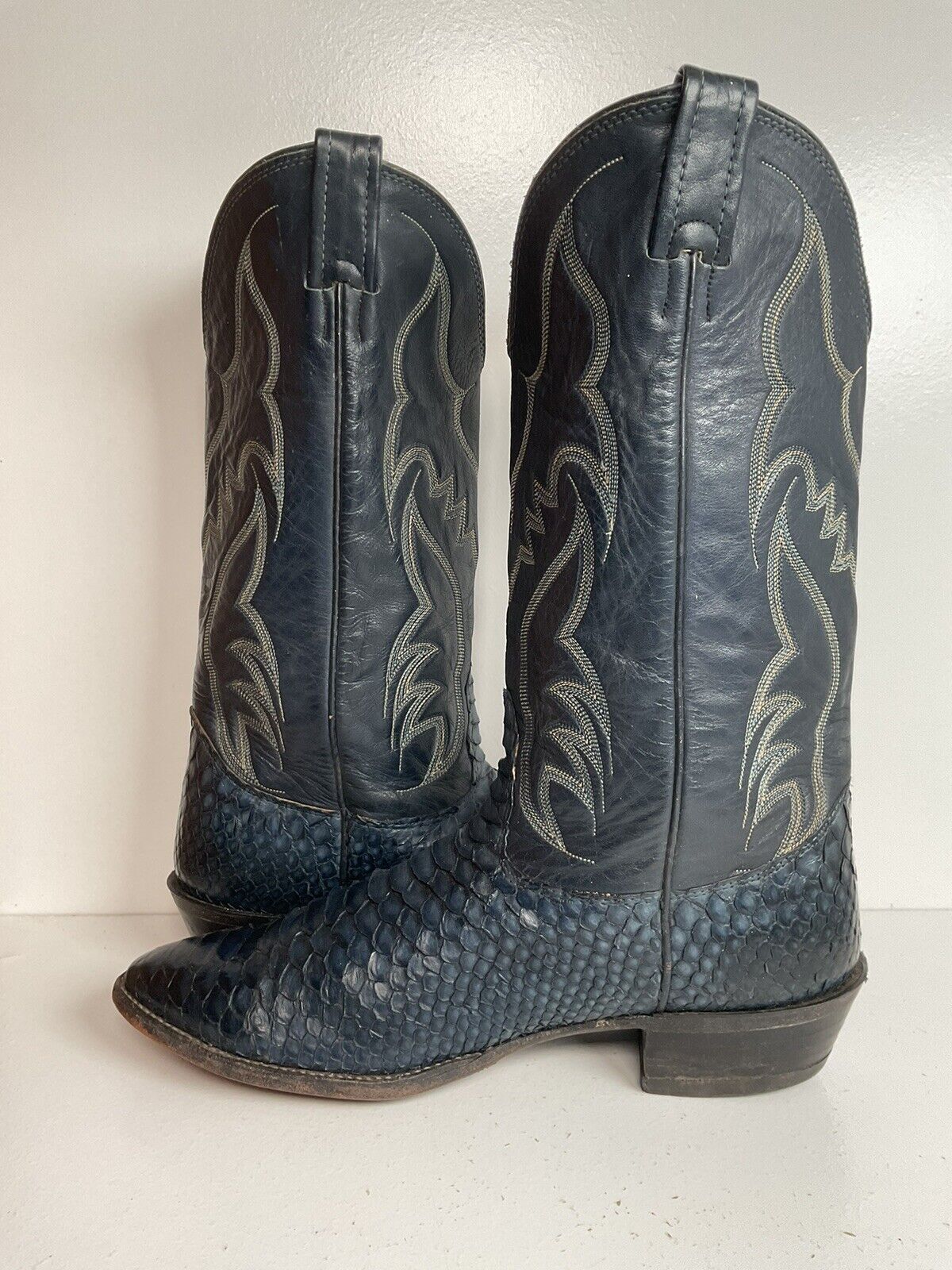 Vintage Nocona Dark Blue Python Cowboy Boots 9 EE Back Cut Snakeskin