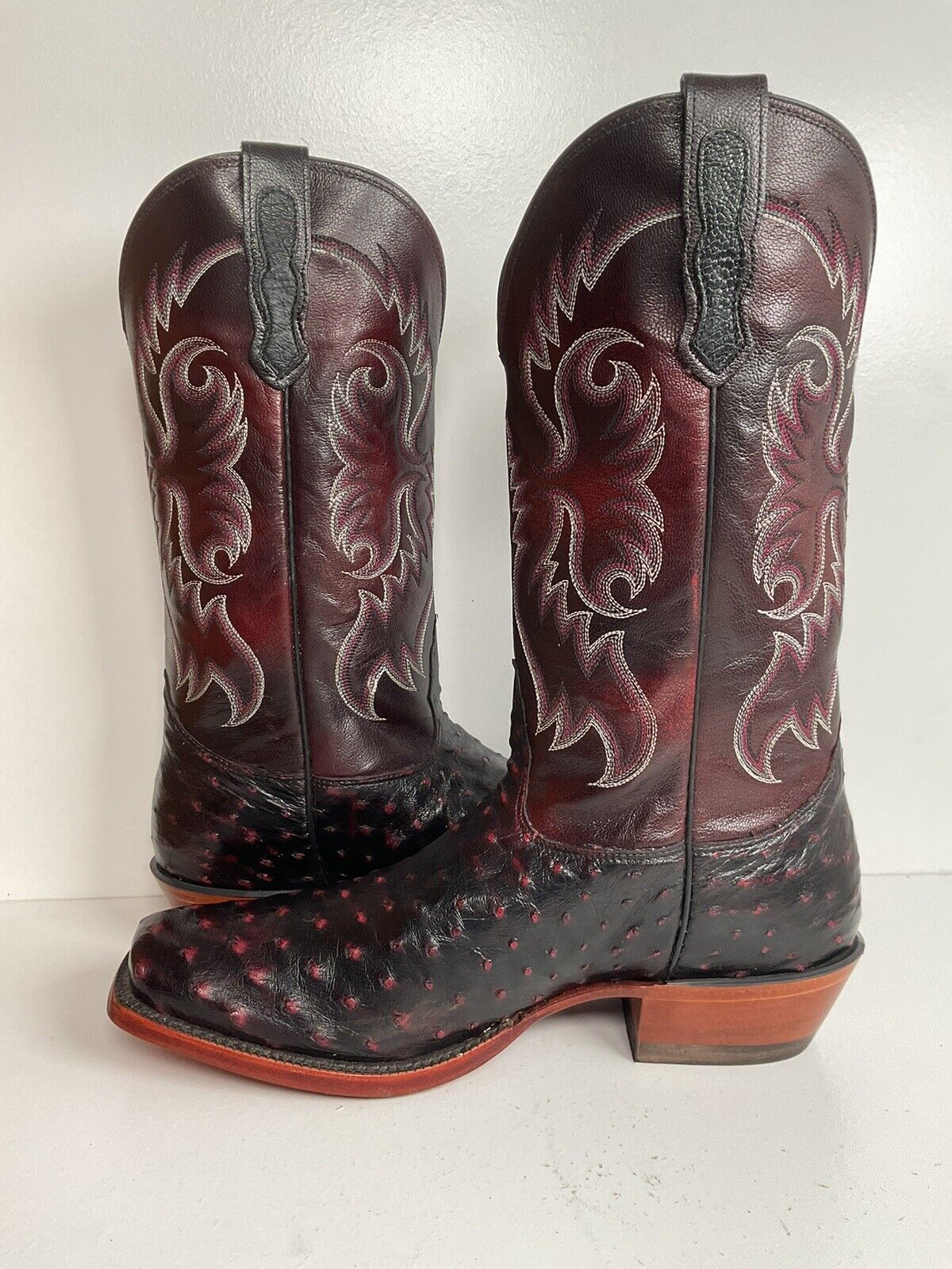 Nocona Black Cherry Ostrich Quill Cowboy Boots 9 EE Handcrafted USA Made