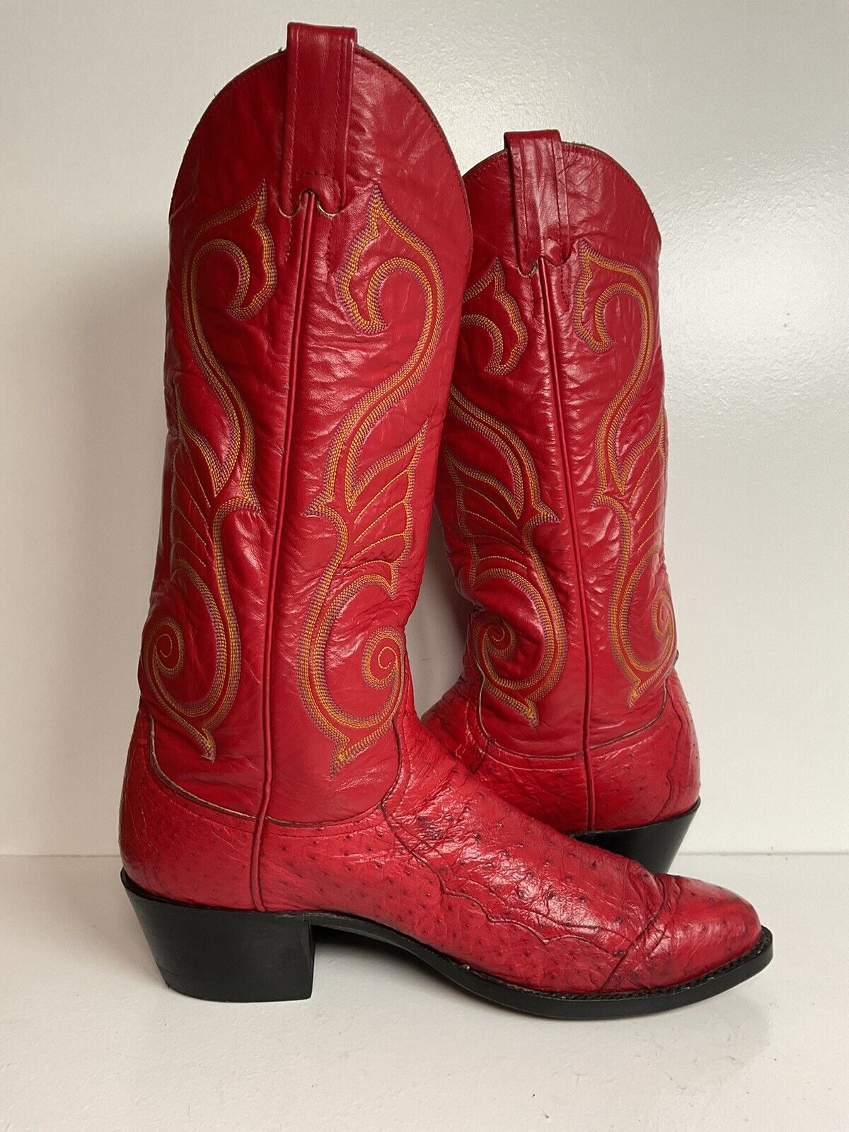 Vintage Larry Mahan Cherry Red Pin Quill Ostrich Cowboy Boots 10.5 D New Half Soles