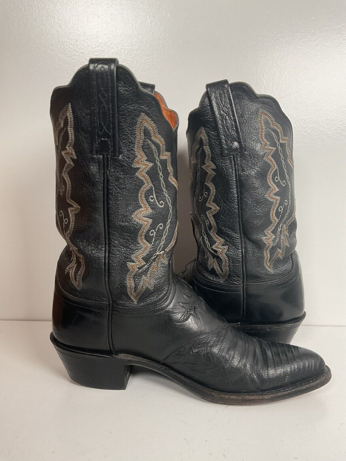 Lucchese 1883 Black Leather Cowgirl Boots 10 B Tooled Lizard Inlay