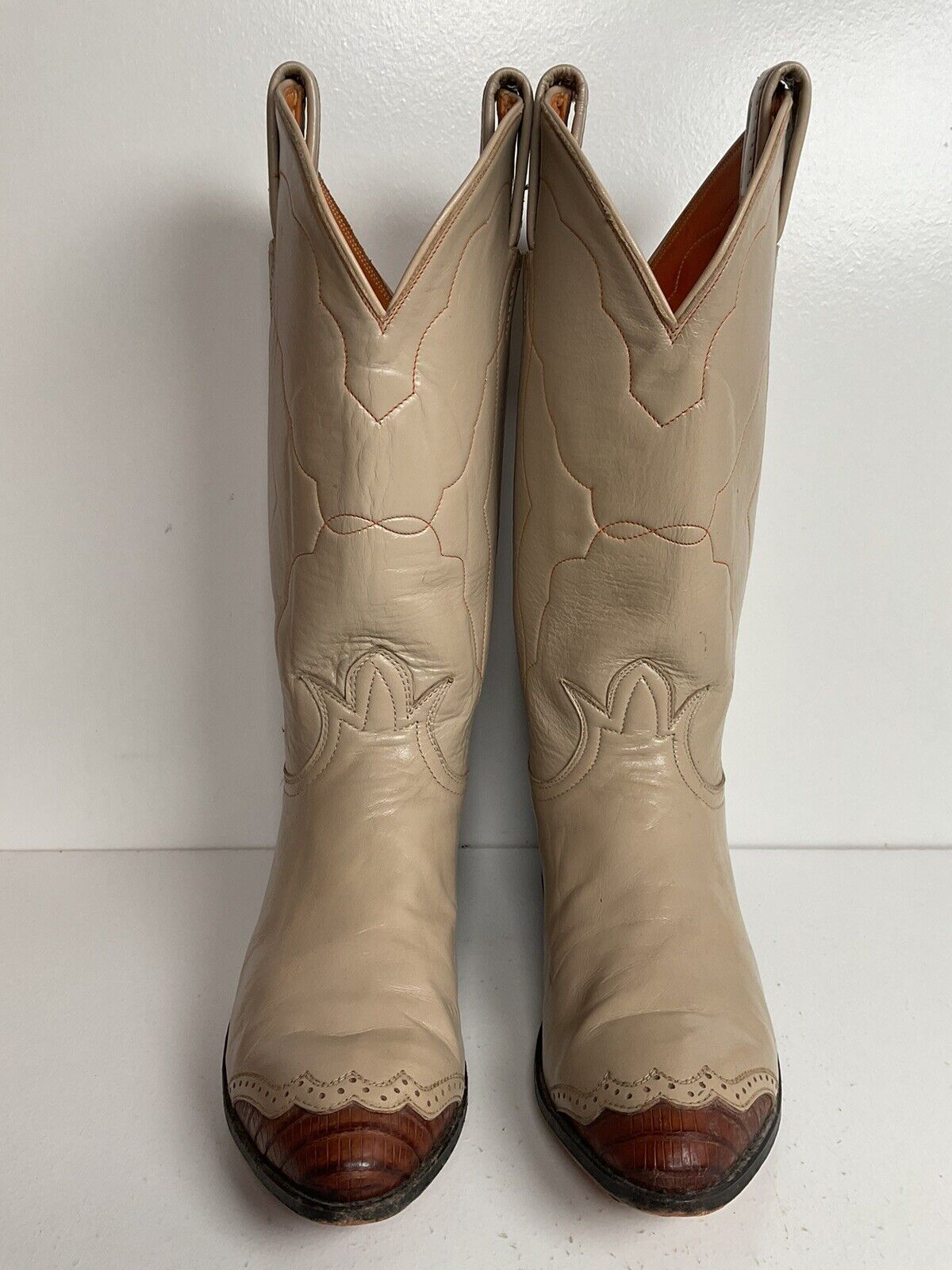 Vintage Tony Lama Lizard Wingtip Cowgirl Boots 5.5 A Creme Leather