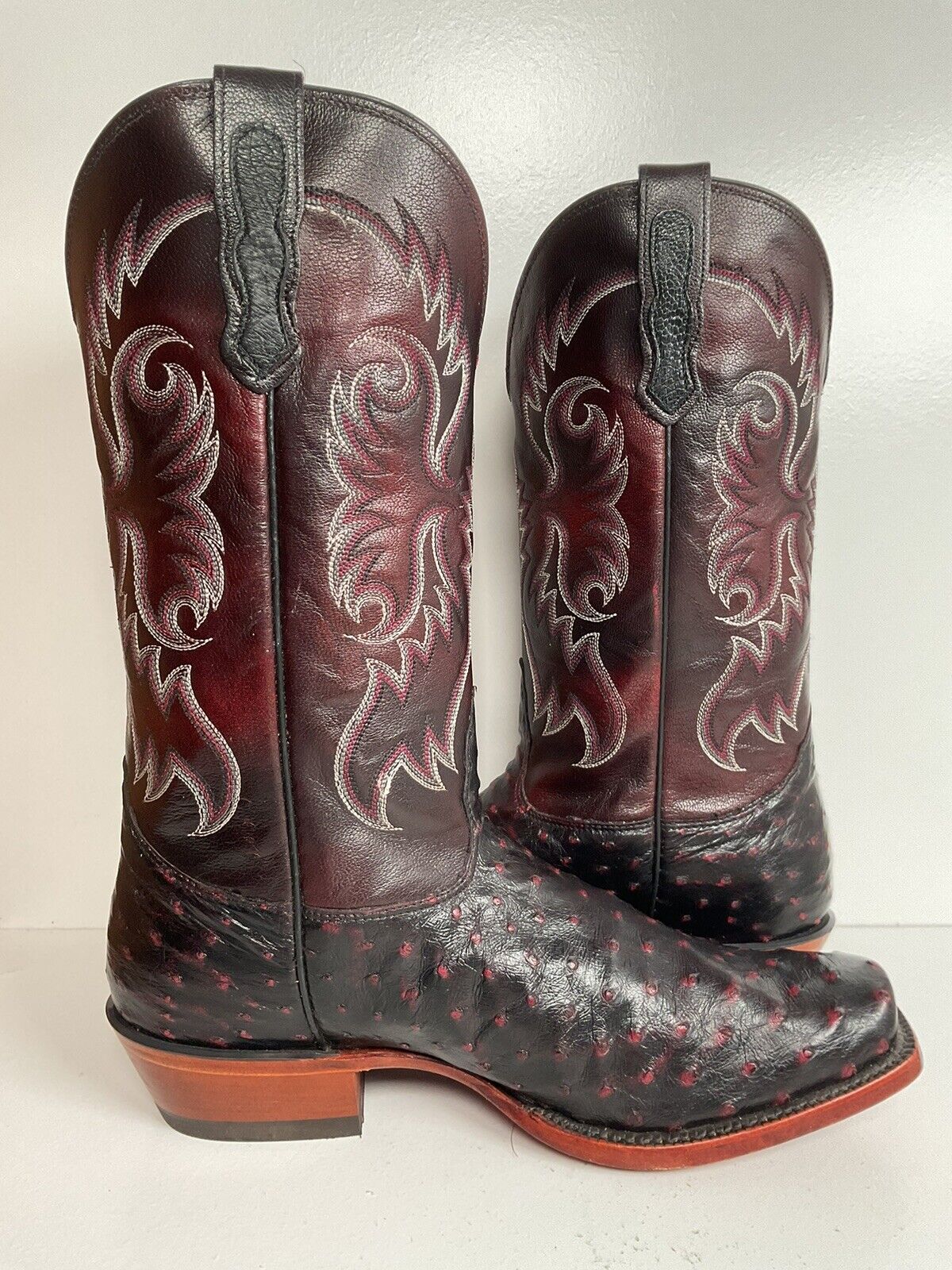 Nocona Black Cherry Ostrich Quill Cowboy Boots 9 EE Handcrafted USA Made