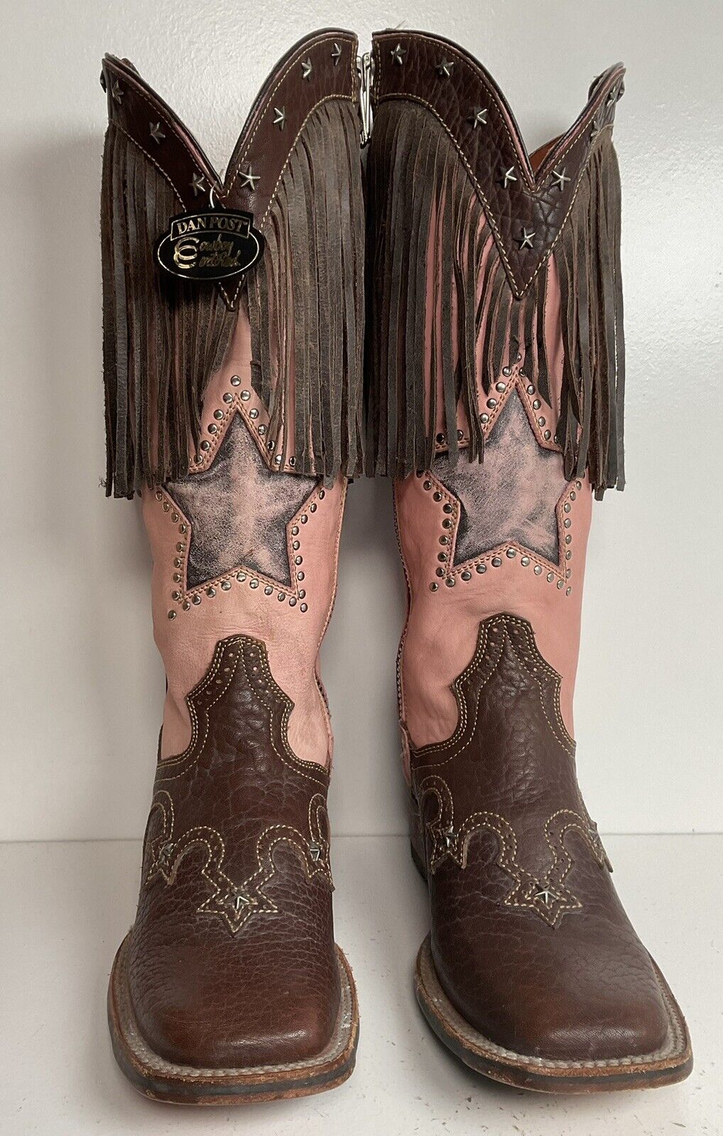 Dan Post 16” Fringe Cowgirl Boots 7.5 M Square Toe Star Inlay