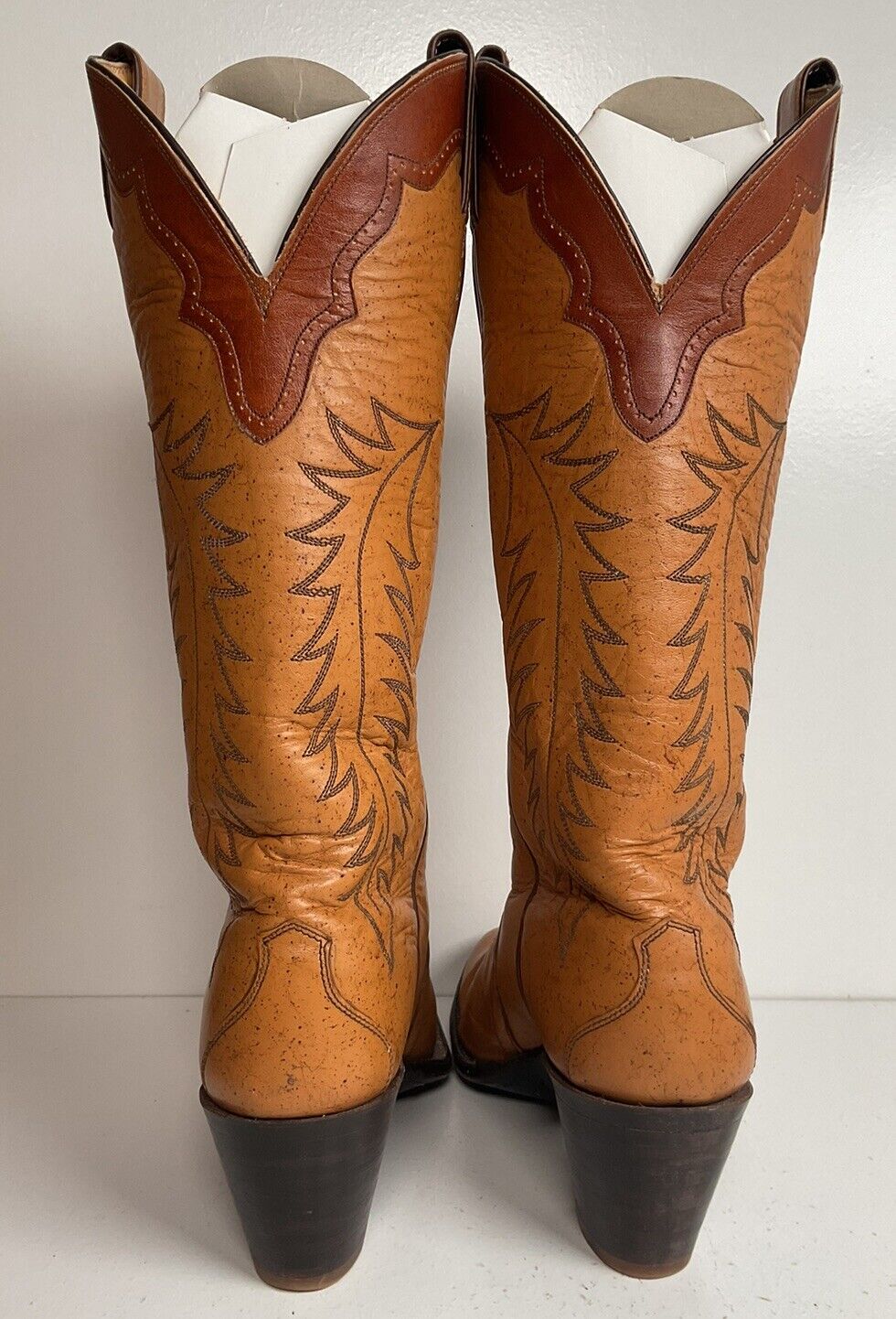 Vintage Justin Tall Cowgirl Boots 8 A Stitched Leaf Tooled Overlay